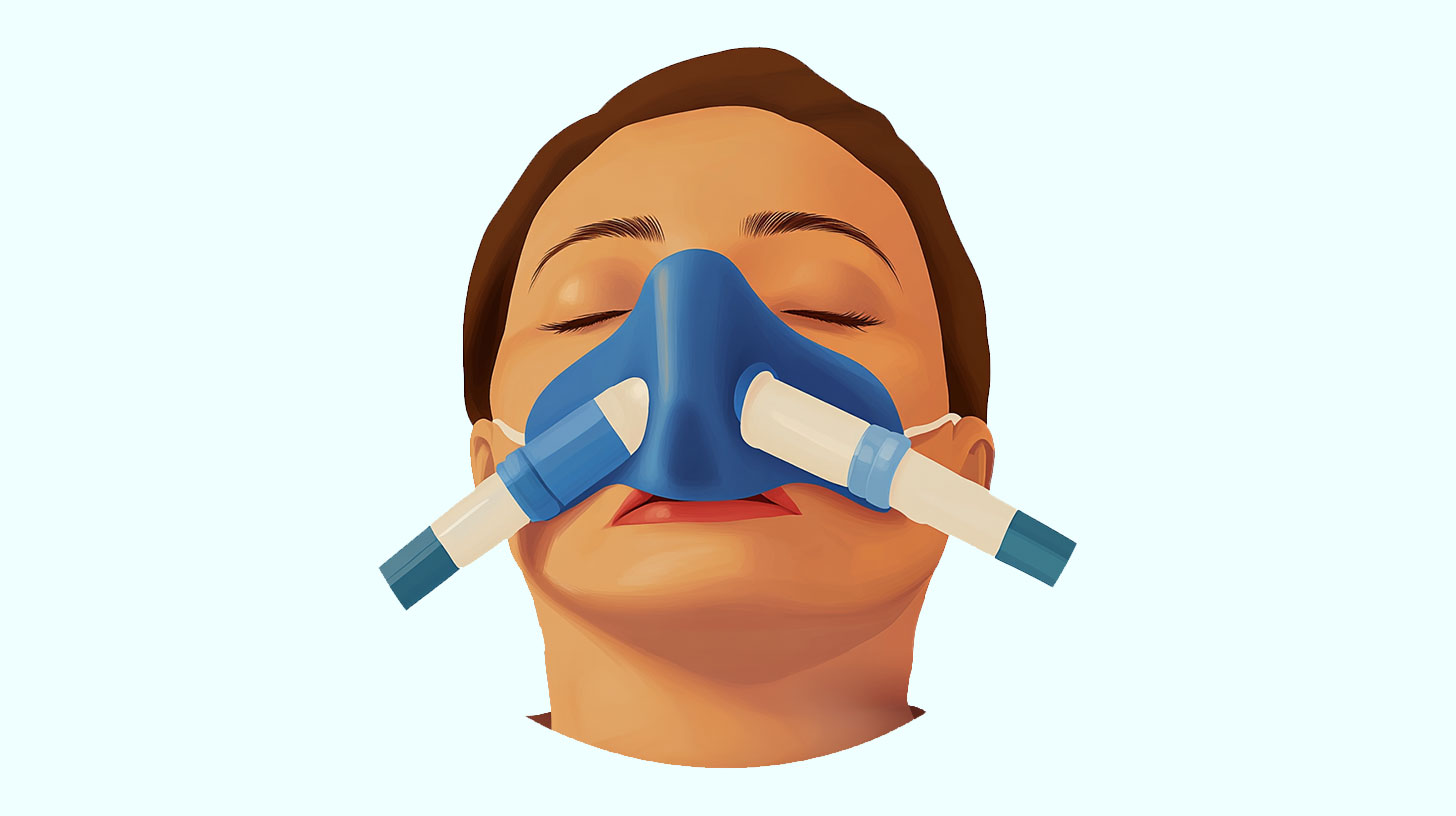 Nitrous-oxide-laughing-gas-miami-dental-sedation-spa-1 A patient wearing a Nitrous Oxide or Laughing Gas Mask at a Dental Office