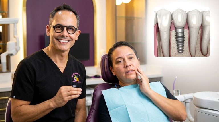 Dr. Luis Sanchez DMD and a patient in the Miami Clicnic talking about dental implants.