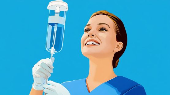 A dental assistant holding an IV drip bag - IV Dental Sedation